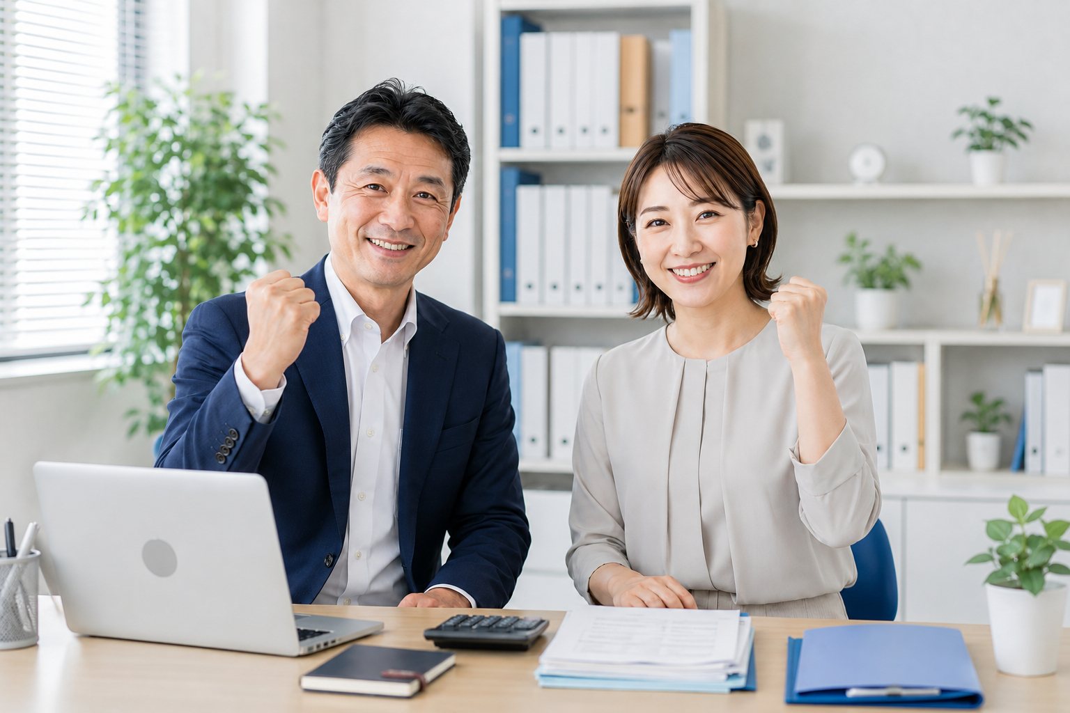 経理代行サービスの導入を喜ぶ経営者と総務担当者